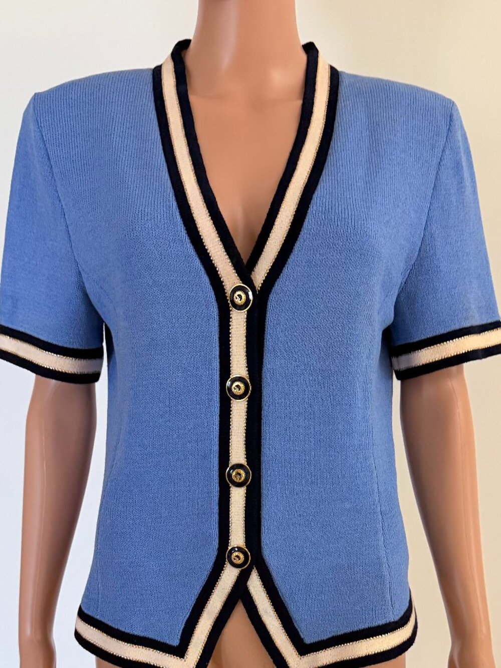 St John Collection Women Short Sleeve Knit Button Up Top Blue/Black/Ivory/Gold M